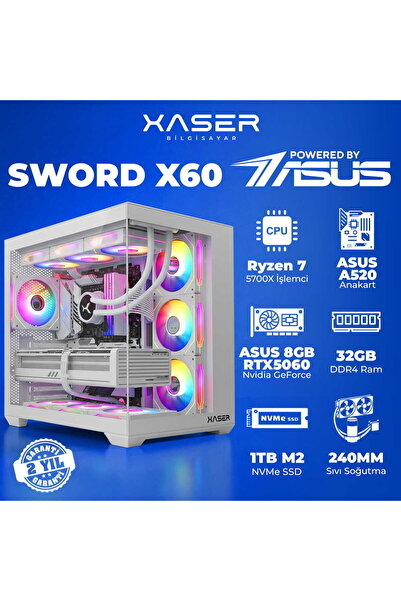 XASER Sword X60 Ryzen 7 5700X /32GB RAM/ASUS 8GB RTX5060/ 1TB M.2 SSD /Sıvı S...