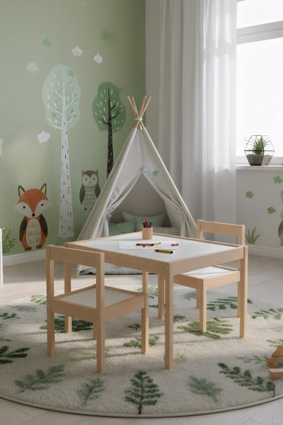 ROZİTOYS Montessori Çocuk Ahşap Etkinlik Masası Seti, 2 Sandalyeli