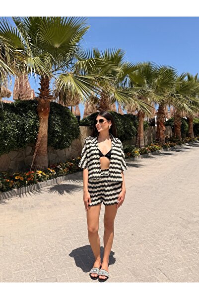 LOISY Set premium pentru damă, cu model în zig-zag, cu pantaloni scurți textu...