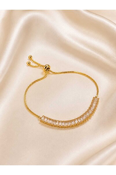 Jewelliss Gold Plated 5*2 mm Zircon Baguette Stone Steel Bracelet with Adjust...