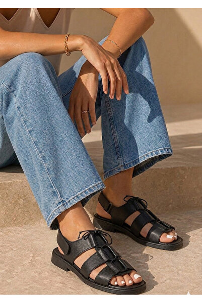 guijarro Sandale Gladiator din piele neagră premium pentru femei, cu velcro l...