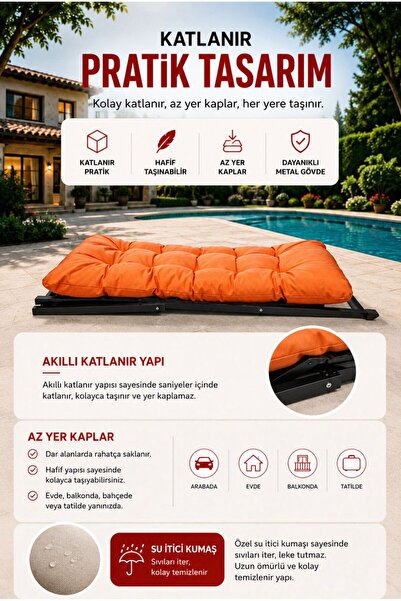 HASTUNÇ Özel Seri Minderli Katlanır Şezlong Seti İkili Bahçe, Balkon, Teras ve Plaj İçin 2 Şezlong + 1 Sehpa