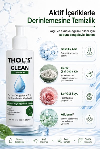 THOLS Anti-Tb4 and Sebum Balancing Facial Cleansing Gel - Salicylic Acid & Kaolin Clay 200 ml