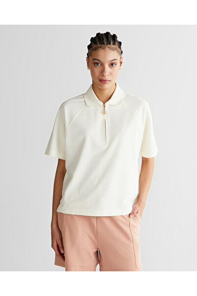 Gant Kadın Krem Regular Fit Yarım Fermuarlı Polo Yaka T-Shirt
