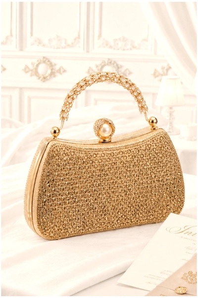 Famels Pearl and Stone Patterned Zircon Stone Evening Dress Bag, Handbag, Pea...