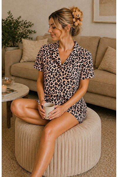 rindahomewear Set pantaloni scurți cu nasturi LEOPARD MILAN pentru femei