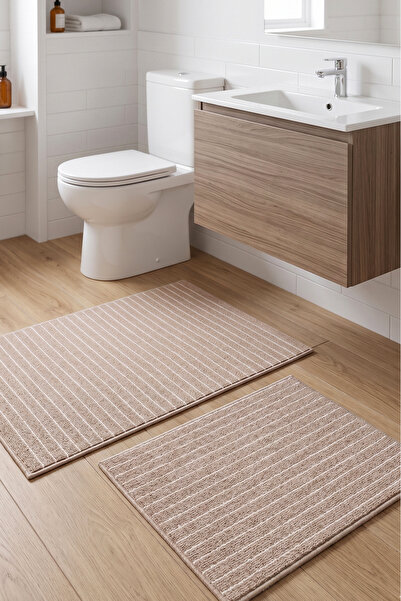 Bath Mat 2-Piece Set Washable Woven Surface Anti-Slip Floor Toilet Set Bathroom Carpet Mat