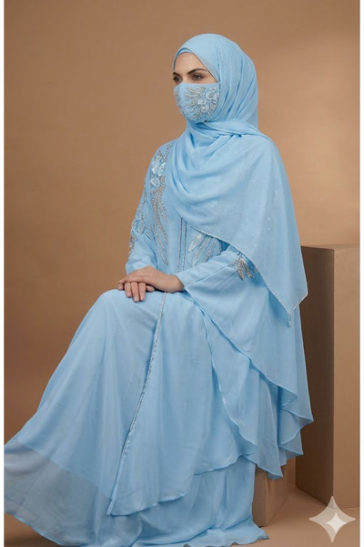 AMYAE White Chiffon Abaya with Separate Shila Islamic Jilbab for Women, Full Length Long Sleeve Modest Salah (Sky Blue)