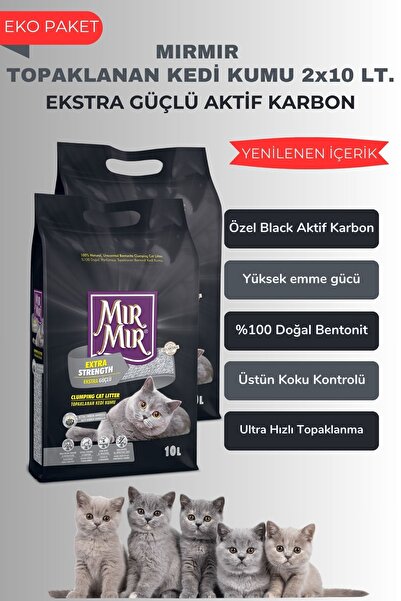 MIRMIR Aktif Karbonlu Topaklanan Kedi Kumu 2x 10 Lt, Yüksek Emici, Tozsuz, Ko...