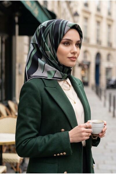 Vissona %100 Twill İpek Geometrik Desenli Zümrüt Yeşili - Siyah Renkli 90x90 ...