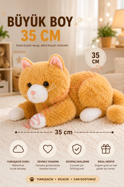 viyolmarketim Plush Cat with Sound 35 cm – Brown Soft Plush Toy, Sleeping and Play Companion
