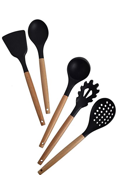 ZUZU MADE 5 Parça Bambu Saplı Silikon Mutfak Servis Seti - Eğik Spatula Kevgi...