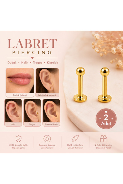 Heppii 2 Adet 316L Cerrahi Çelik Ucu Toplu Dil Dudak Piercingi Gümüş Gold Siy...