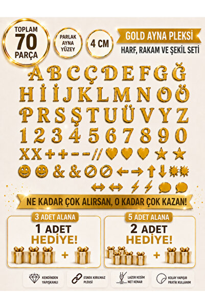 Bioren Kendinden Yapışkanlı Gold Aynalı Pleksi Harf Rakam ve Şekil Seti 70 Pa...