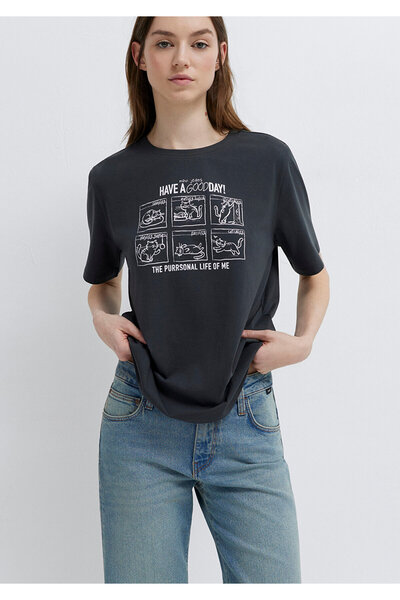 Mavi Anthrazitfarbenes T-Shirt mit Katzen-Print, normale Passform 1613876-83620