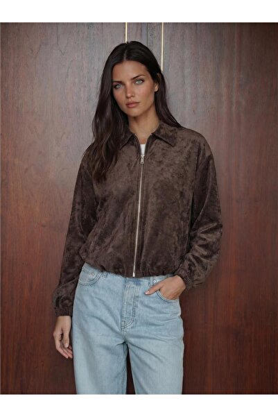 WeShaya Brown Velvet Fabric Zippered Oversized Long Sleeve Jacket with Drawst...