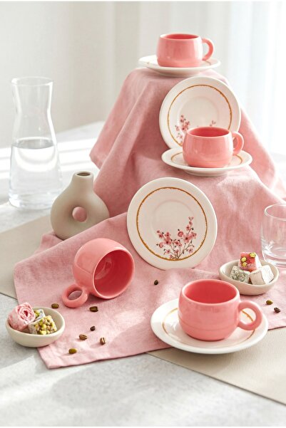 Erbaşlar Pembe Tombul Sakura 12 Parça 6 Kişilik Lüx Seramik Kahve Fincan Takımı