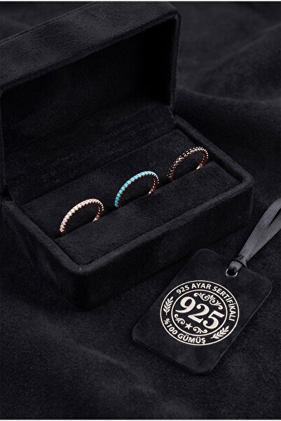 Roza Silver 925 Ayar Mix Taşlı Rose Minimal Tamtur 3'lü Gümüş Yüzük Set