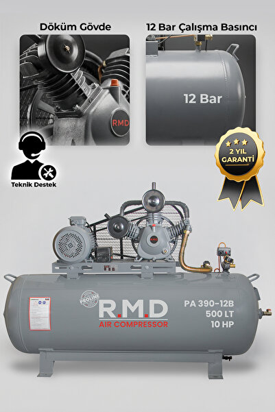 R.M.D Kompresör Pistonlu Hava Kompresörü 500 lt 3 Kafa 12 Bar 10 Hp I PA390I12B