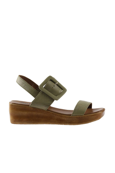 Bueno Shoes صندل نسائي بكعب عريض من الجلد الكاكي 01ws5908