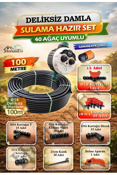 HortumEvi Otomatik Zamanlayıcılı Deliksiz Damla Sulama Seti Ø16 – 100 Metre |...