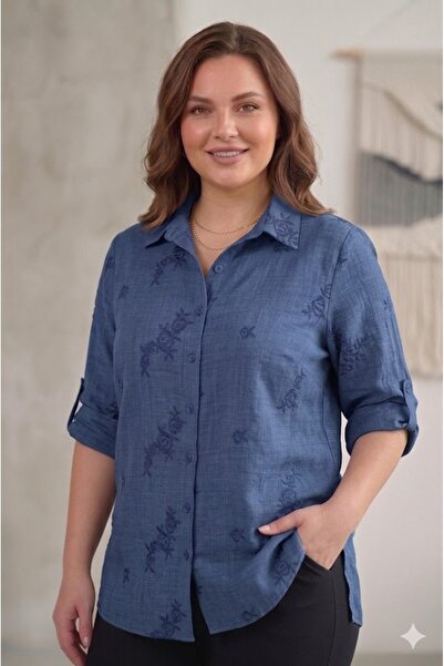elma abone قميص نسائي من الكتان بمقاس كبير