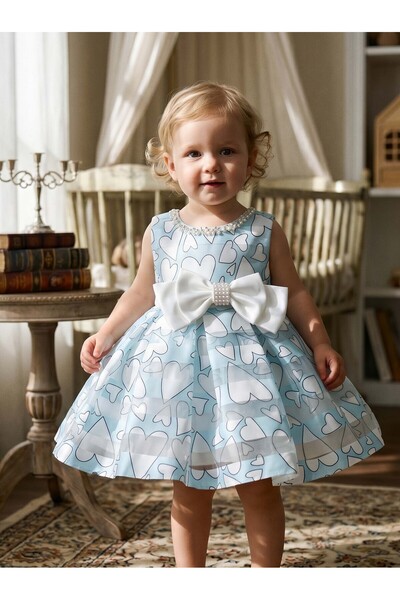 Greneric Light Blue Baby Girl Princess Dress with Heart Print & Bow for 6-24 ...