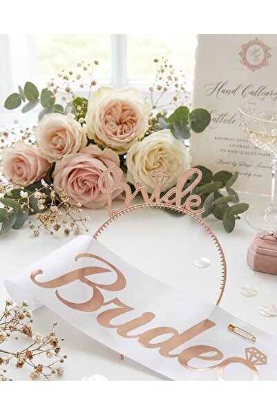 DORODO Bride taç ve kuşak seti bride to be beyaz üzeri rose bekarlığa veda pa...