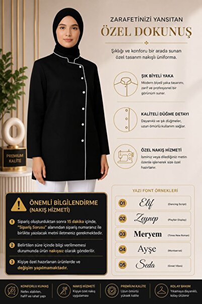 özgün üniforma İsim Nakış Hediyeli-Tesettürlü Kadın Aşçı Ceketi Siyah - 80 Cm...