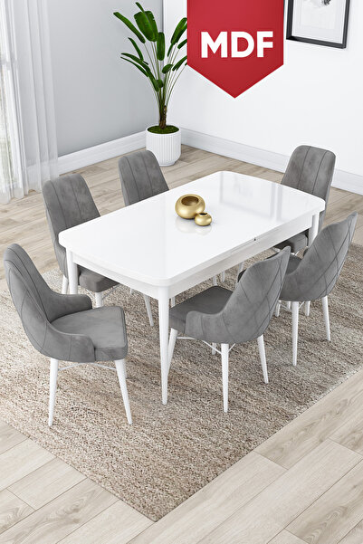Canisa Concept Lia Serisi 80x132 MDF Açılabilir Mutfak Masası Takımı Beyaz Ma...