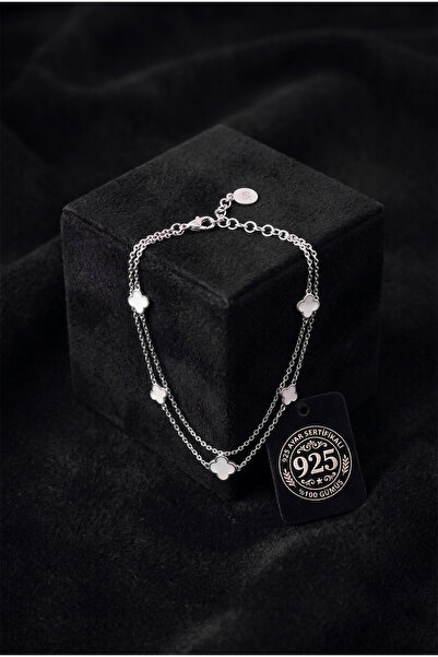 Roza Silver 925 Ayar Rodyum Beyaz Mineli İki Sıralı Yonca Charm Gümüş Bileklik