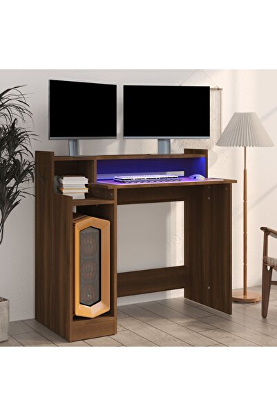 Concept Birou cu lumini LED, stejar maro, 97x90x45 cm lemn prelucrat