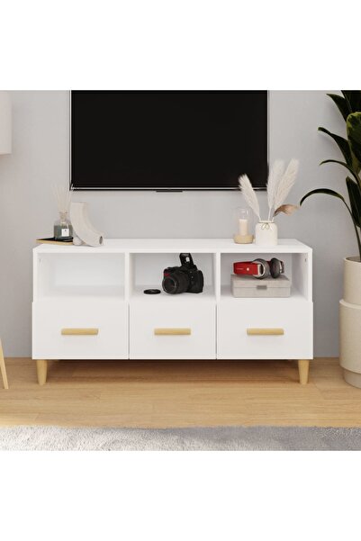 Concept Comodă TV, alb extralucios, 102x36x50 cm, lemn prelucrat