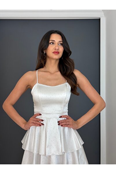 gökkuşagı moda Beyaz Straplez Sırtı Bağcıklı Saten Üst Taş Baskılı Kısa Abiye...