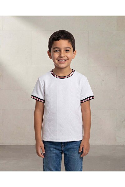 REDTAG Boys White Jacquard Tee with Multi-Colour Rib
