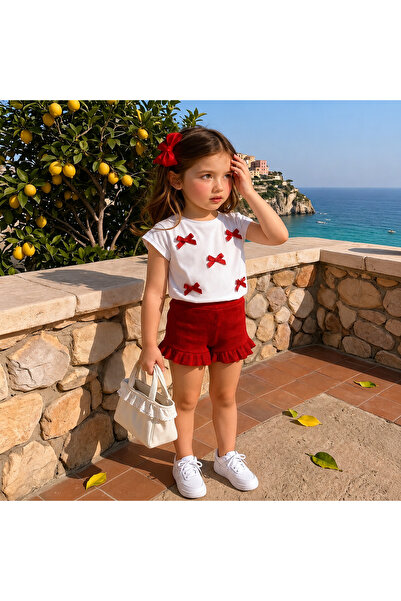 Entel Bow Detailed Tshirt Shorts Girls' Top and Bottom Set