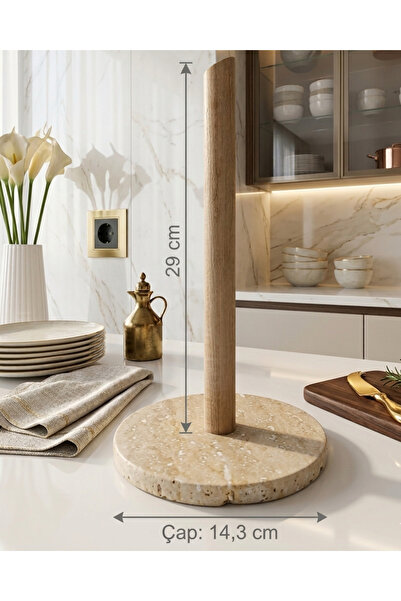 Marb & Home Doğal Traverten Ahşap Saplı Kağıt Havluluk Peçetelik