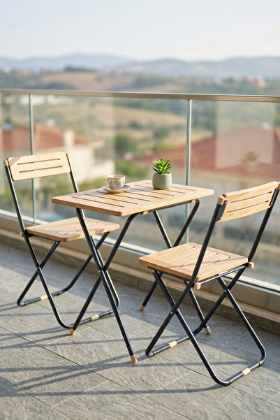 İronika Payitaht Ahşap Bahçe Balkon Mutfak 3'lü Bistro Masa Seti Katlanır Mas...