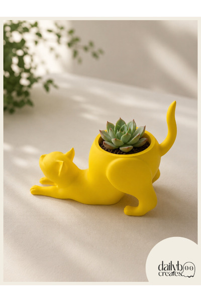 Dailyboo Creates Dekoratif Esneyen Kedi Saksı-Çiçek,Bitki,Sukulent Saksısı-Mo...