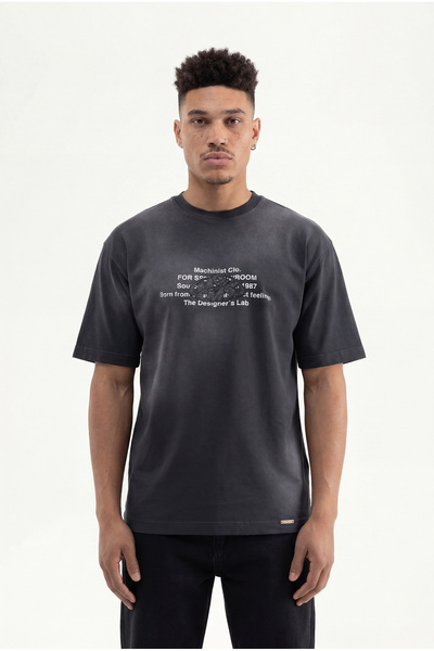 Machinist Tricou oversize pentru bărbați, cu logo M și aplicații, negru