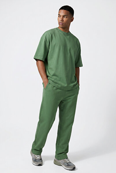 Runades Men's Summer Short Sleeve Oversize Green Two Thread Tracksuit Set