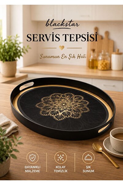 Blackstar Mandala Çiçek Desenli Oval Tepsi Siyah
