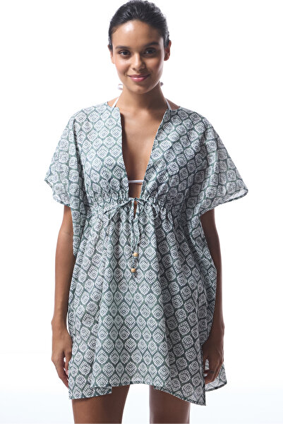 Penti Grüner Frühlings-Mini-Kaftan mit V-Ausschnitt