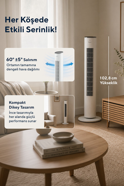 KUMTEL KTF-360 Kule Tipi Vantilatör Beyaz