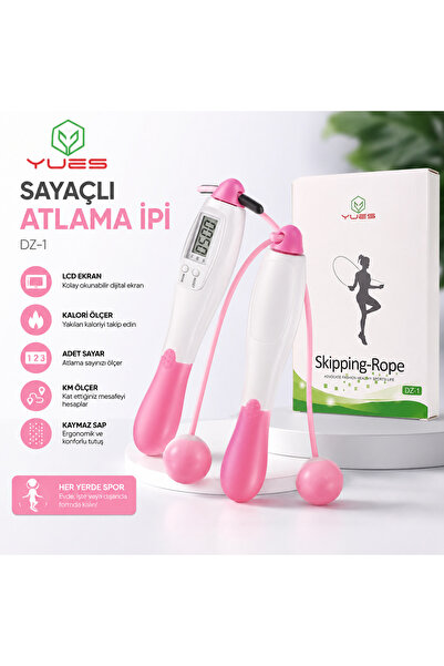 YUES Sayaçlı Atlama İpi LCD Ekranlı Kalori Adım KM Ölçer Kaymaz Saplı Pembe E...