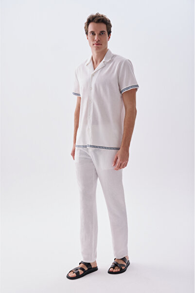 Mudo Men's White Straight Fit Linen Trousers