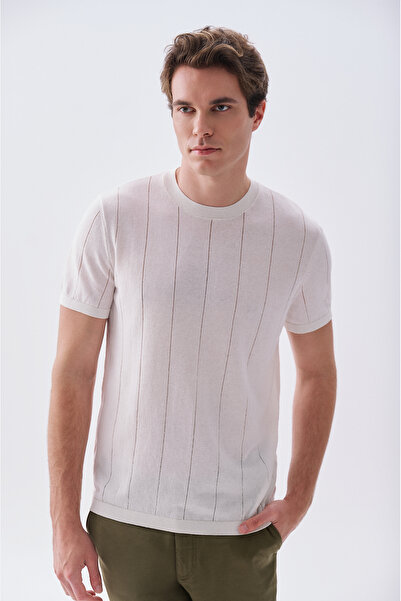 Mudo Men's White Crew Neck Short Sleeve Knitwear Sweater