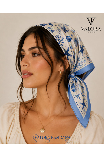 Valora Deniz Kabuklu Mavi Bandana & Fular – Yıldız Deniz Temalı Saten Kare Şa...