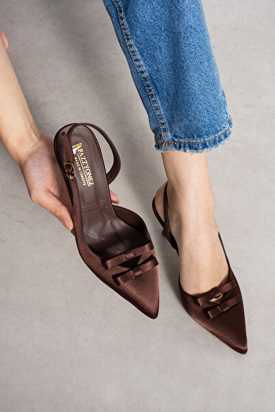 Pazzyonez Women's Lea Brown Satin Bow Detailed Pointed Toe Stiletto Slingback...