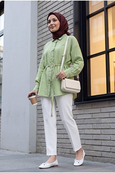 Modamorfo Modal Tunic with Floral Detail on the Front and Buckle Belt - Water...